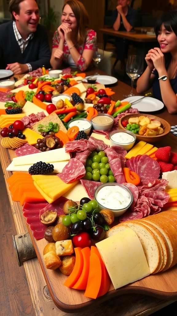 An enticing snack platter featuring cheeses, meats, fruits, and vegetables, perfect for gathering with friends.